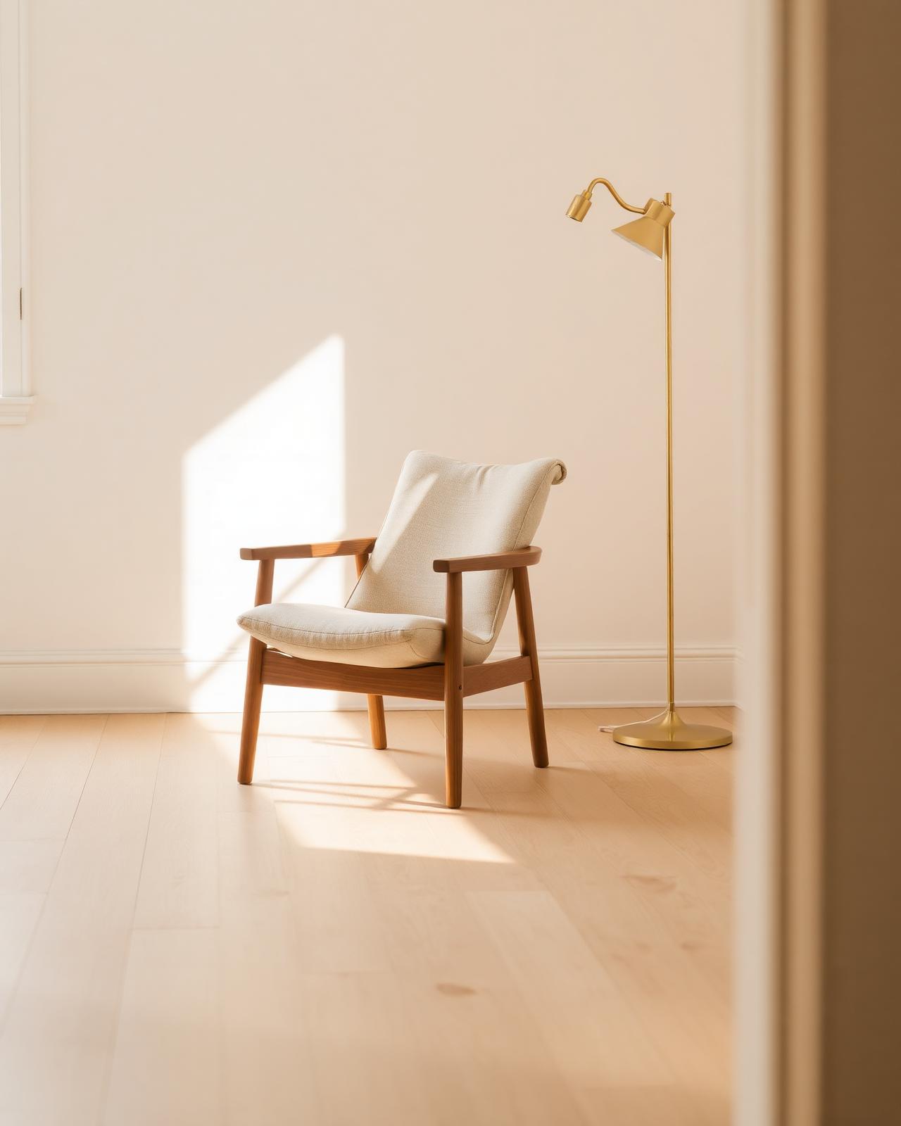 Sunlight on a linen chair beside a brass floor lamp on pale oak floors
