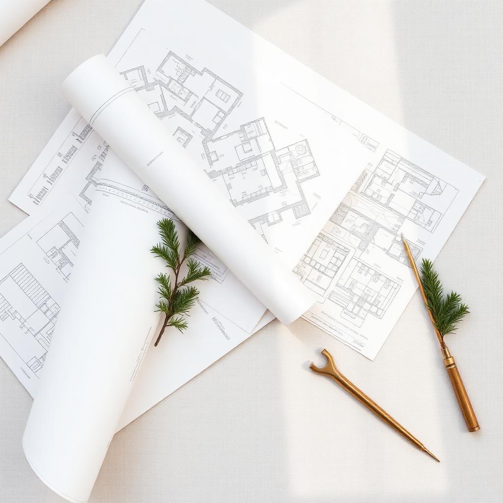 Blueprints with brass drafting tools and a pine sprig