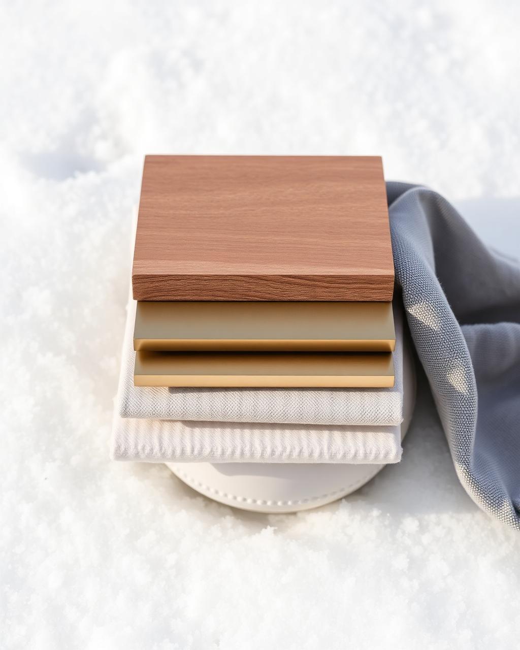 Stack of oak, linen, brass and ceramic samples on snow